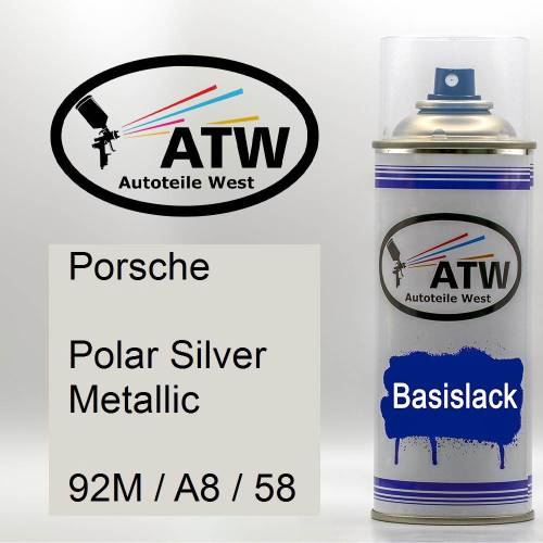 Porsche, Polar Silver Metallic, 92M / A8 / 58: 400ml Sprühdose, von ATW Autoteile West.